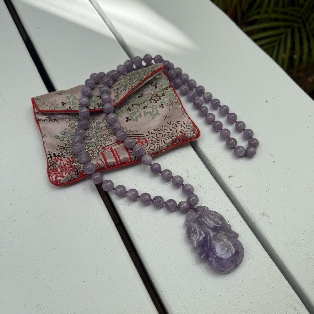 Vintage Chinese Shou Carved Amethyst Beaded Necklace 17" Pendant